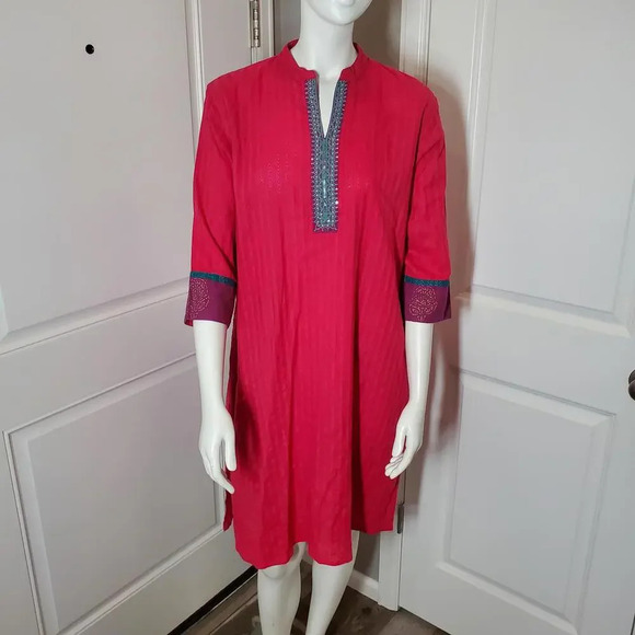 Beautiful Fuscia Cotton Kurti Tunic Sequin Embellished Women's Size XL 101cm - Picture 6 of 16